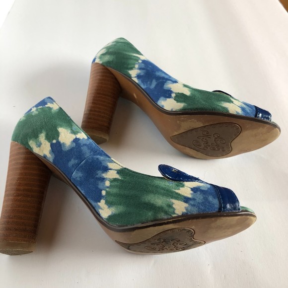 Naughty Monkey Chunky Heels, Blue and Green Watercolor Design, Size 6, Peep Toes - Picture 3 of 7